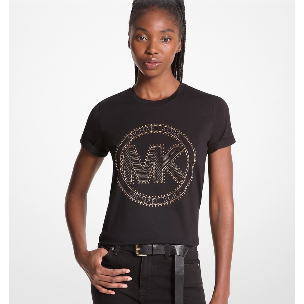Michael Kors Studded Logo Charm Black Cotton Tee Top T-Shirt w/ Gold Accents XL - Picture 3 of 4
